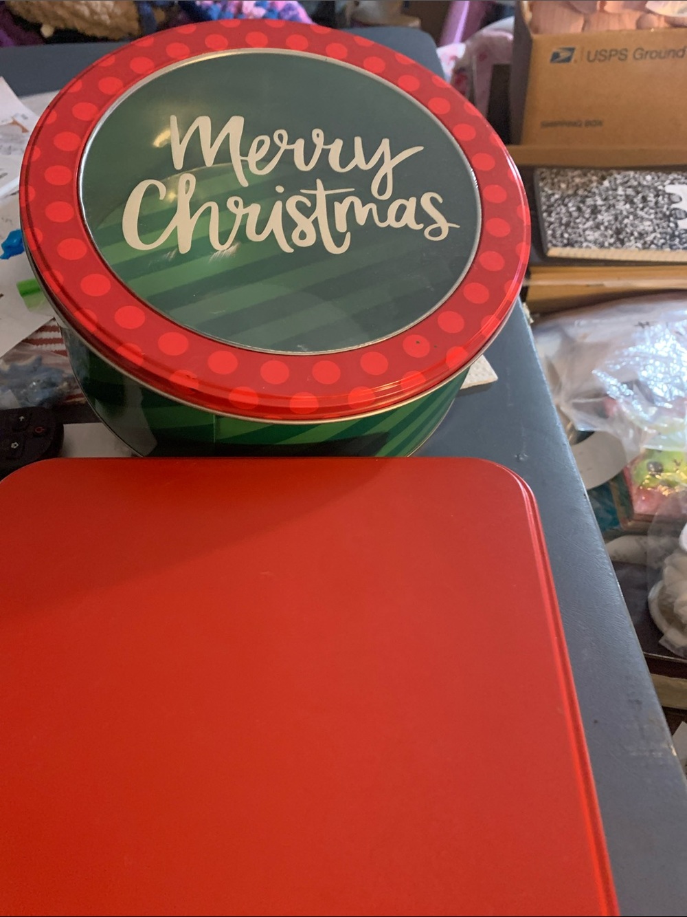 2-Merry Christmas Red & Green Holiday Tin Containers - Home Holiday